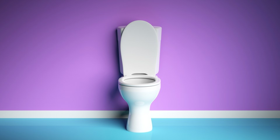 White toilet bowl on purple and blue background, copy space. 3d illustration